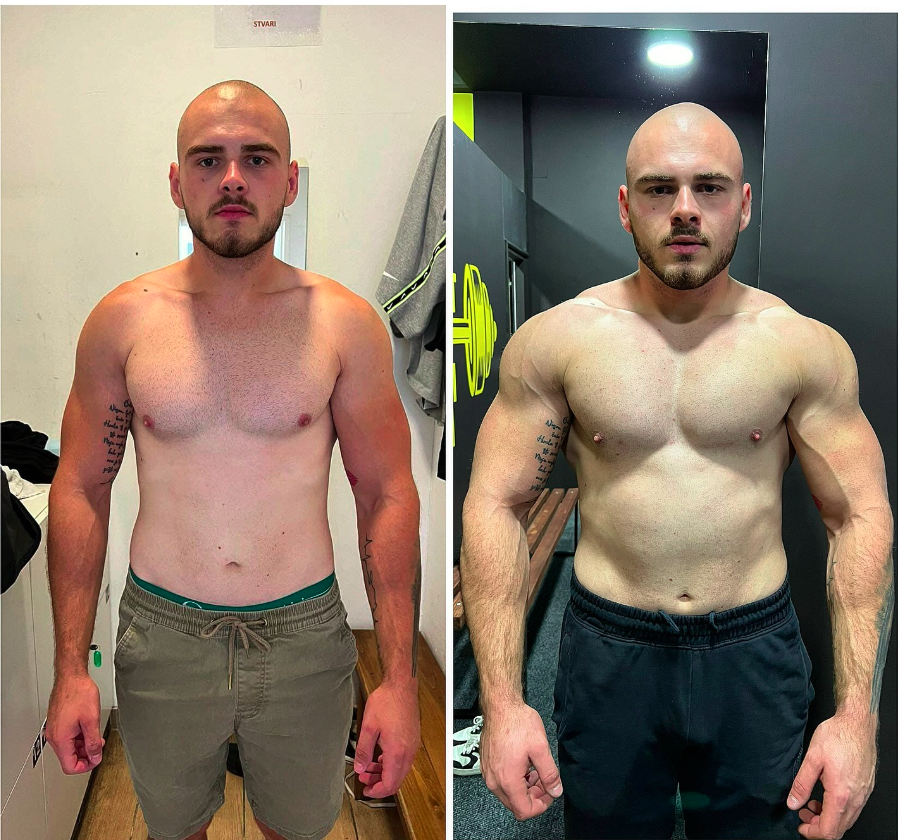 💥Novi rezultat u timu💥 Slika lijevo 84kg. Slika desno 97kg. - Napredak klijenta, drugara za 4 mjeseca online saradnje. U ovih 4 mjeseca smo odradili korekciju na vjezbe i tehniku izvodjenja zatim smo dodali gas na radne težine. - Razlika u kilazi je 13kg. Obim bicepsa je skočio sa 41.5cm na 49cm. U struku smo dobili 4cm dok nam je obim noge ostao nepromjenjen. - Što se tiče ishrane nije ispraćeno kako treba jer momak je stalno na putu to mu je i posao ali i pored toga unosio je čistu hranu gdje je gledao da ima dnevni unos proteina nikad manje od 150g, dok je mast držao jako nisko na 30/50g. - Kardio treninge nismo radili. -Svaka čast brate, ja sam oduševljen. Moram da te pohvalim da si veliki radnik i pravi spartanac. @amar.kovacevic41 - Dalje nastavljamo još jače i prelazimo na personalne treninge 1na1. Uskoro “update” 🦾⏳📈
