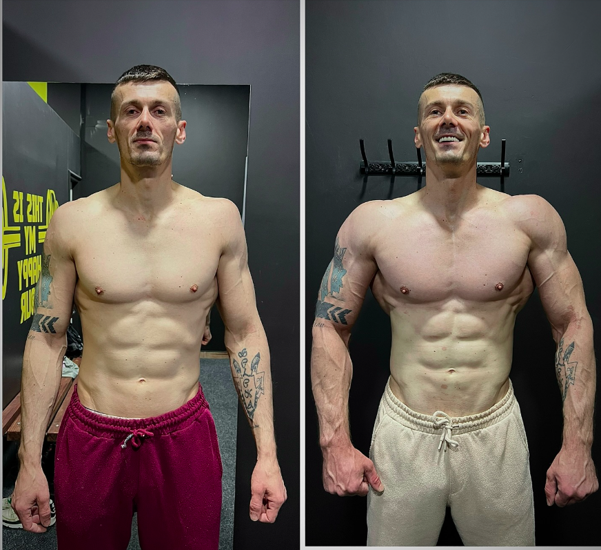 💥 New result in the team 💥 Left: 84kg. Right: 98kg. +14kg of pure muscle in 8 weeks. My client is a mesomorph with great genetics, always disciplined—years of training, clean eating, cooking every meal, working with other coaches—but never managed to gain significant muscle mass until we broke the rules: we introduced controlled “junk” food and increased the caloric surplus properly without fear, based on his individual needs instead of myths; training was strictly programmed with progressive overload, volume and efficient hypertrophy focus, and nutrition was a precise mix of clean and “dirty” foods with clear goals and numbers; result: muscle gain that doesn’t lie, better physique than ever, and most importantly a person who finally understood how his body works—this is not just a physical transformation, but the result of knowledge, trust and an individualized approach 📈⏳